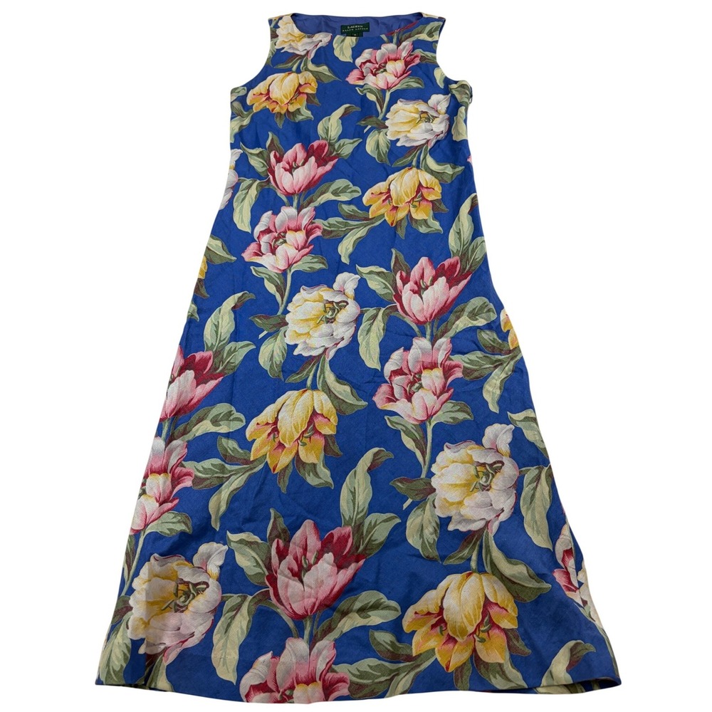 Lauren Ralph Lauren Blue Floral Linen Maxi Dress Sleeveless Tulip Print VTG  8